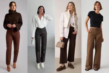 A woman wearing brown straight-leg jeans with a neutral sweater and stylish accessories, showcasing the brown jeans fashion trend in a modern everyday outfit.