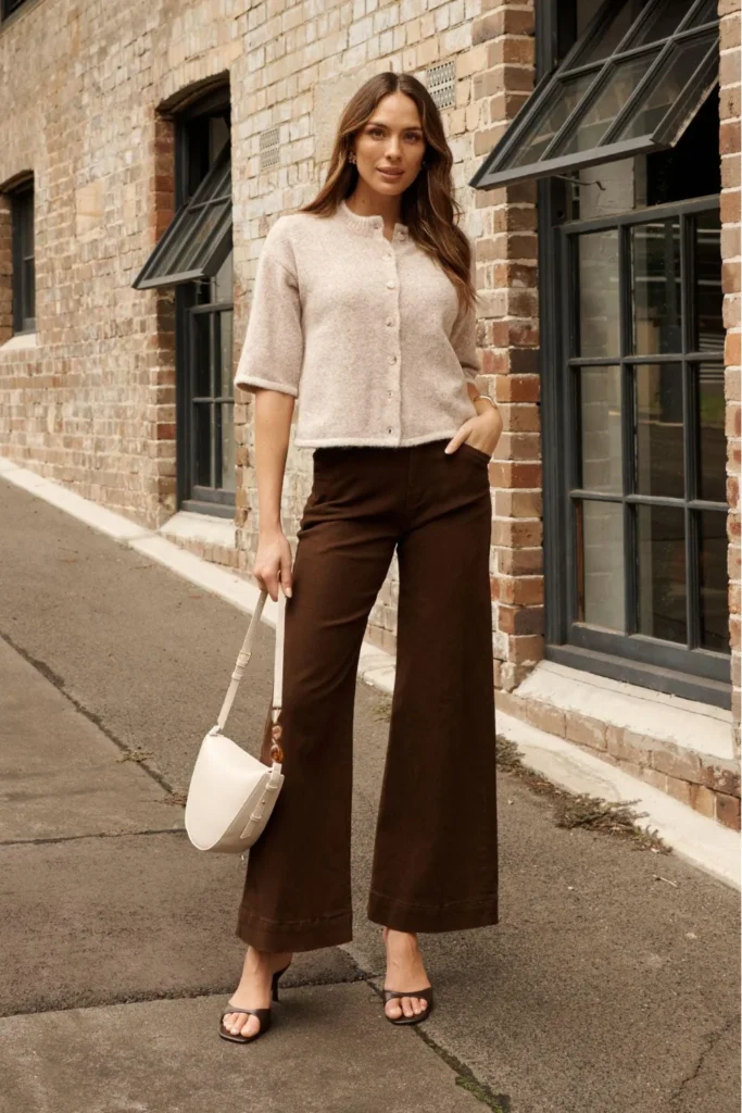 Woman wearing brown jeans with a cream cardigan and ankle boots for a soft neutral outfit