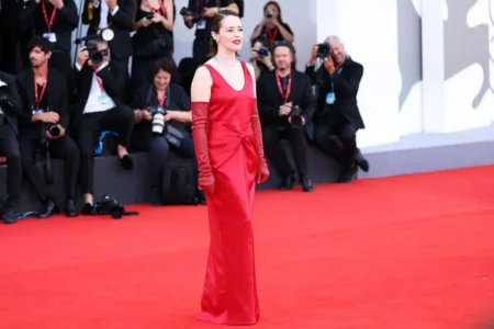 Claire Foy Stuns in a Red Bottega Veneta Gown at Venice Film Festival