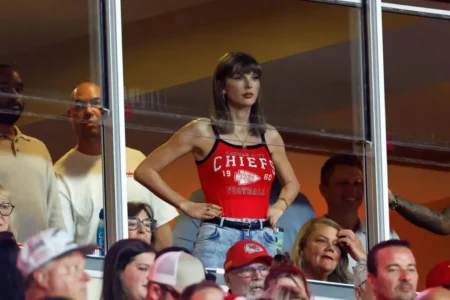 Taylor Swift cheering for Travis Kelce at Arrowhead Stadium