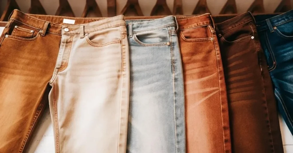 Man choosing between brown jeans and blue jeans with different wardrobe outfit options
