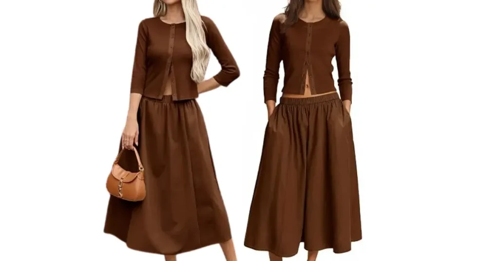 Woman wearing a brown Tankaneo sweater skirt set with long skirt