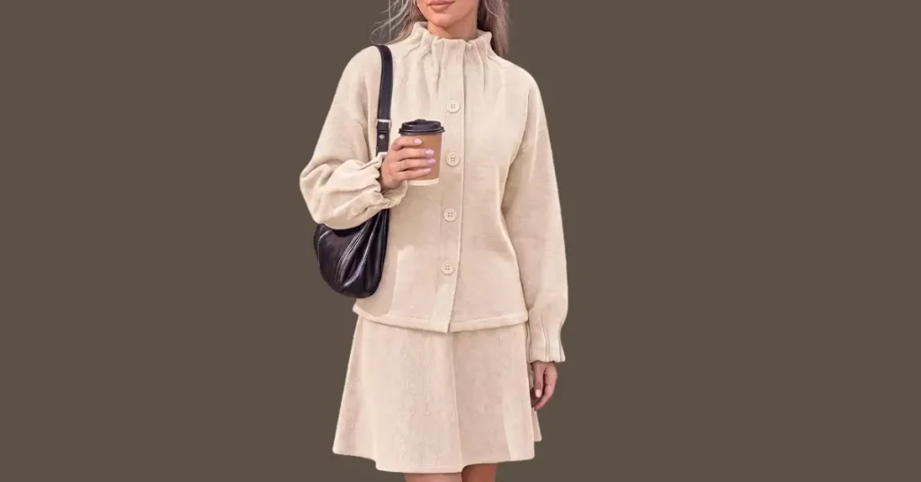 Woman in a beige two-piece knit skirt set holding coffee.