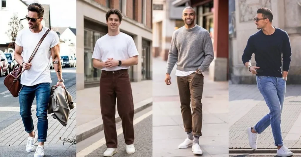 Brown jeans and blue jeans styled with sneakers for casual everyday men's outfits
