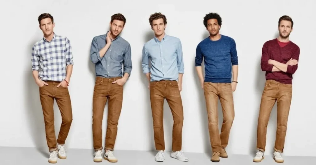 Brown jeans and blue jeans styled with different tops including shirts sweaters and hoodies