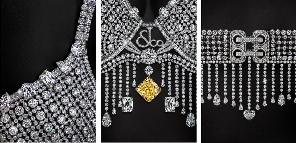Close-up details of the Victoria’s Secret Fantasy Bra featuring pavé-set diamonds, 18K gold components, and a yellow diamond centerpiece.