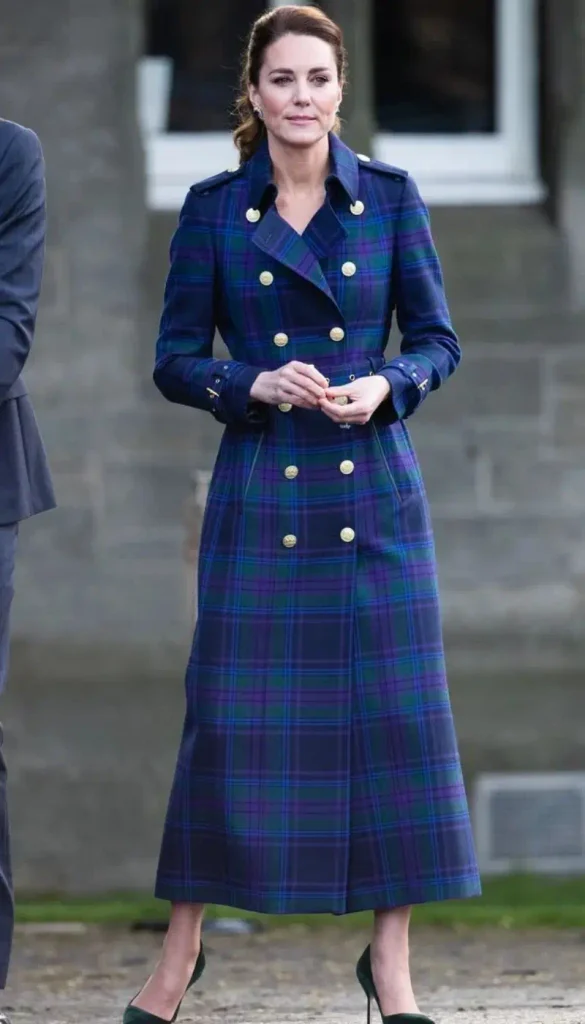 Kate Middleton wearing a tartan coat with elegant fall accessories