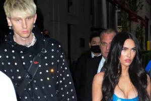 Megan Fox wearing a blue leather jumpsuit on a NYC date night with Machine Gun Kelly