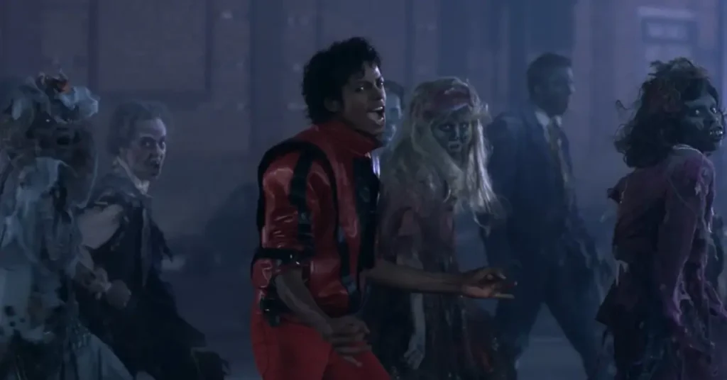 Michael Jackson performing the iconic Thriller zombie dance