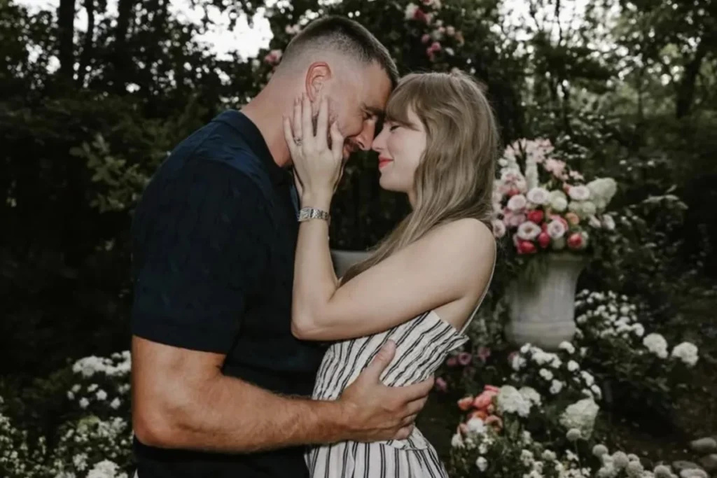 Taylor Swift and Travis Kelce announcing their engagement in a romantic garden setting