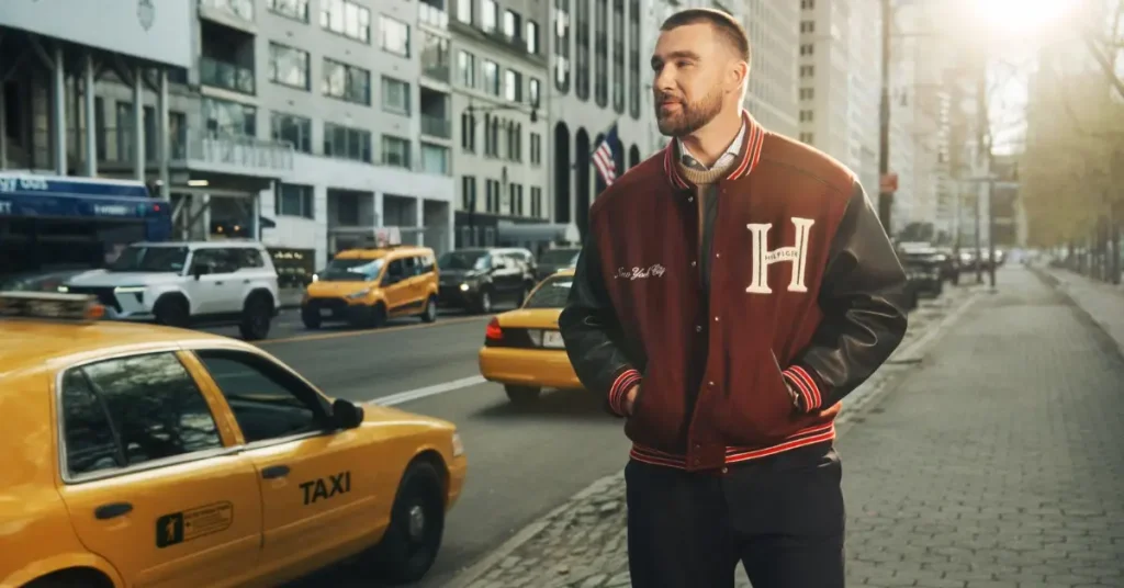 Travis Kelce wearing a burgundy varsity jacket for fall streetwear inspiration